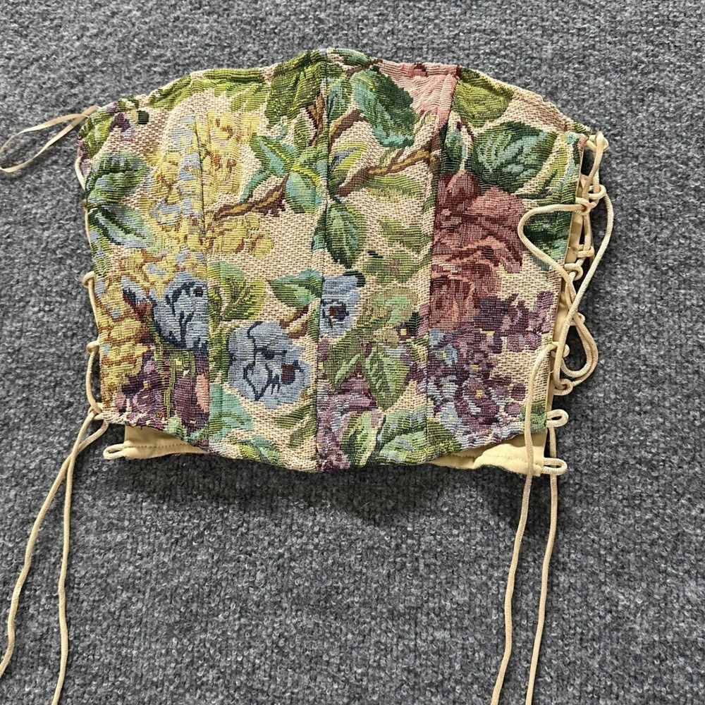 Tic Toc Corset Top Womens Size M Multicolor Floral Tapestry Lace Up Side Cropped